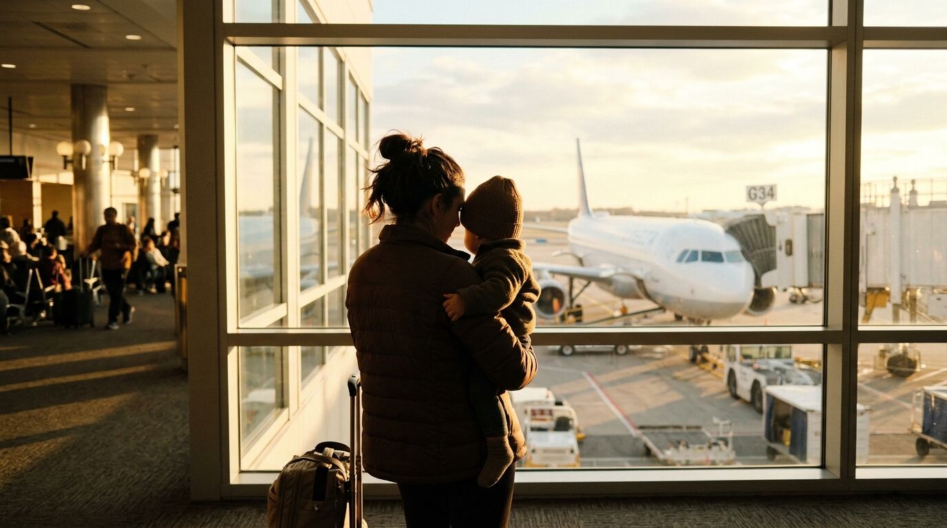 母亲抱着幼儿在机场候机厅望向停机坪，准备持中国旅行证回国