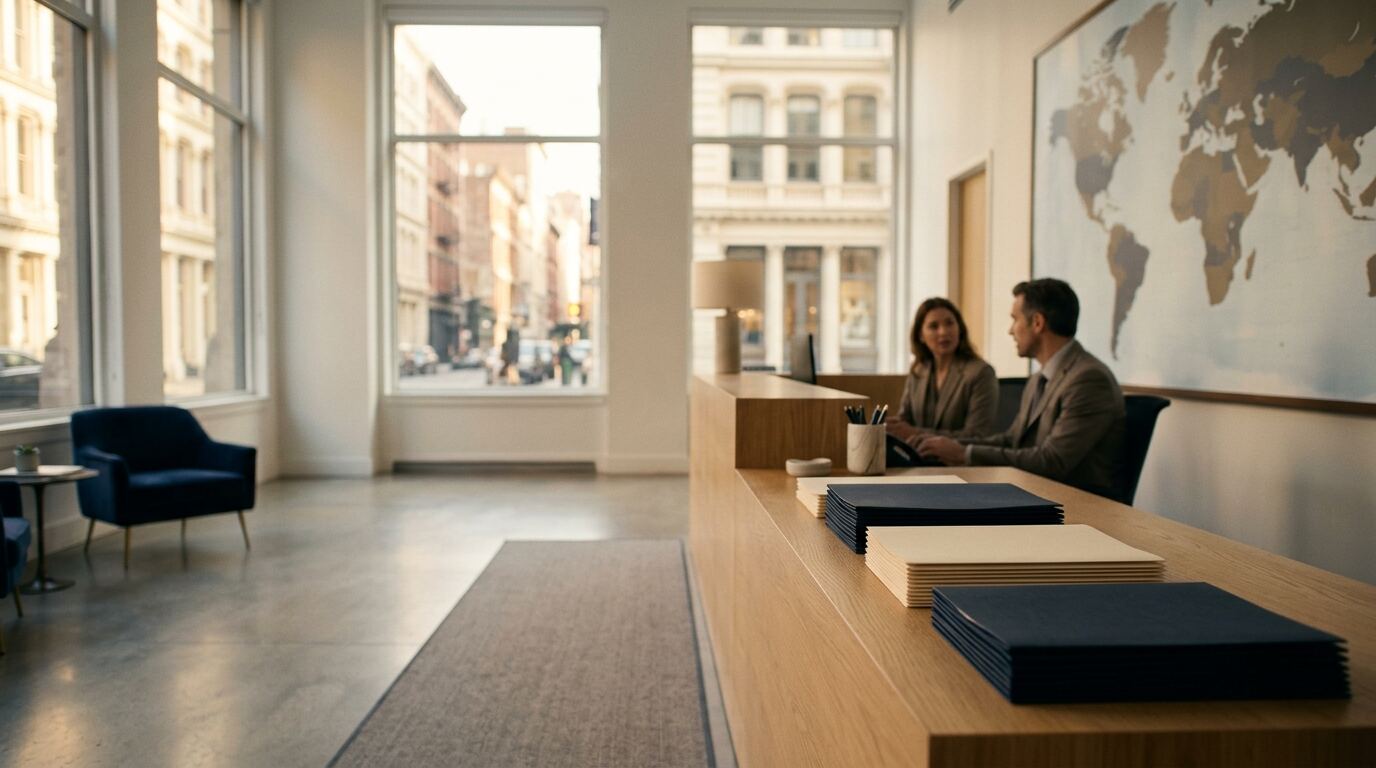 易签通签证服务中心纽约法拉盛门店接待区，顾问正在为客户核对签证材料