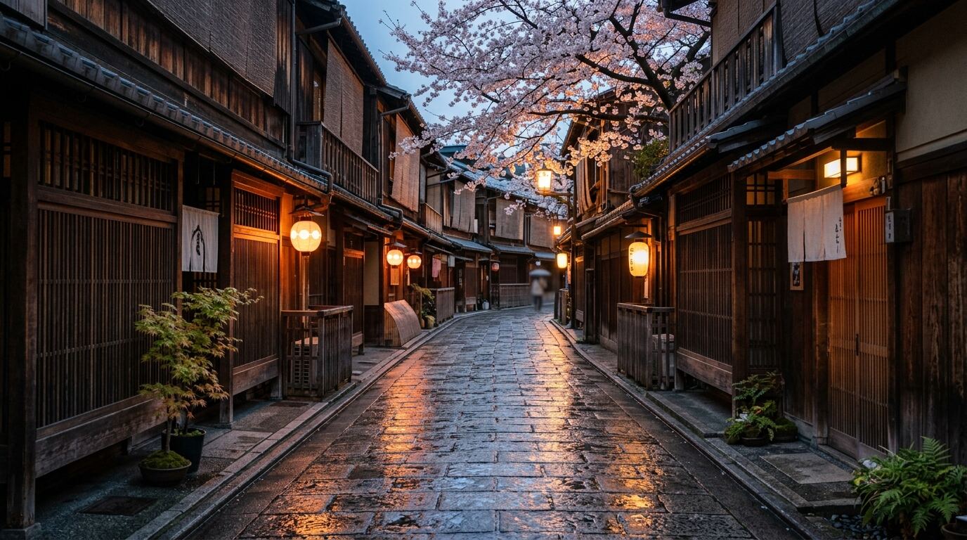 京都传统木造町屋石板小巷与暖色灯笼的黄昏景色
