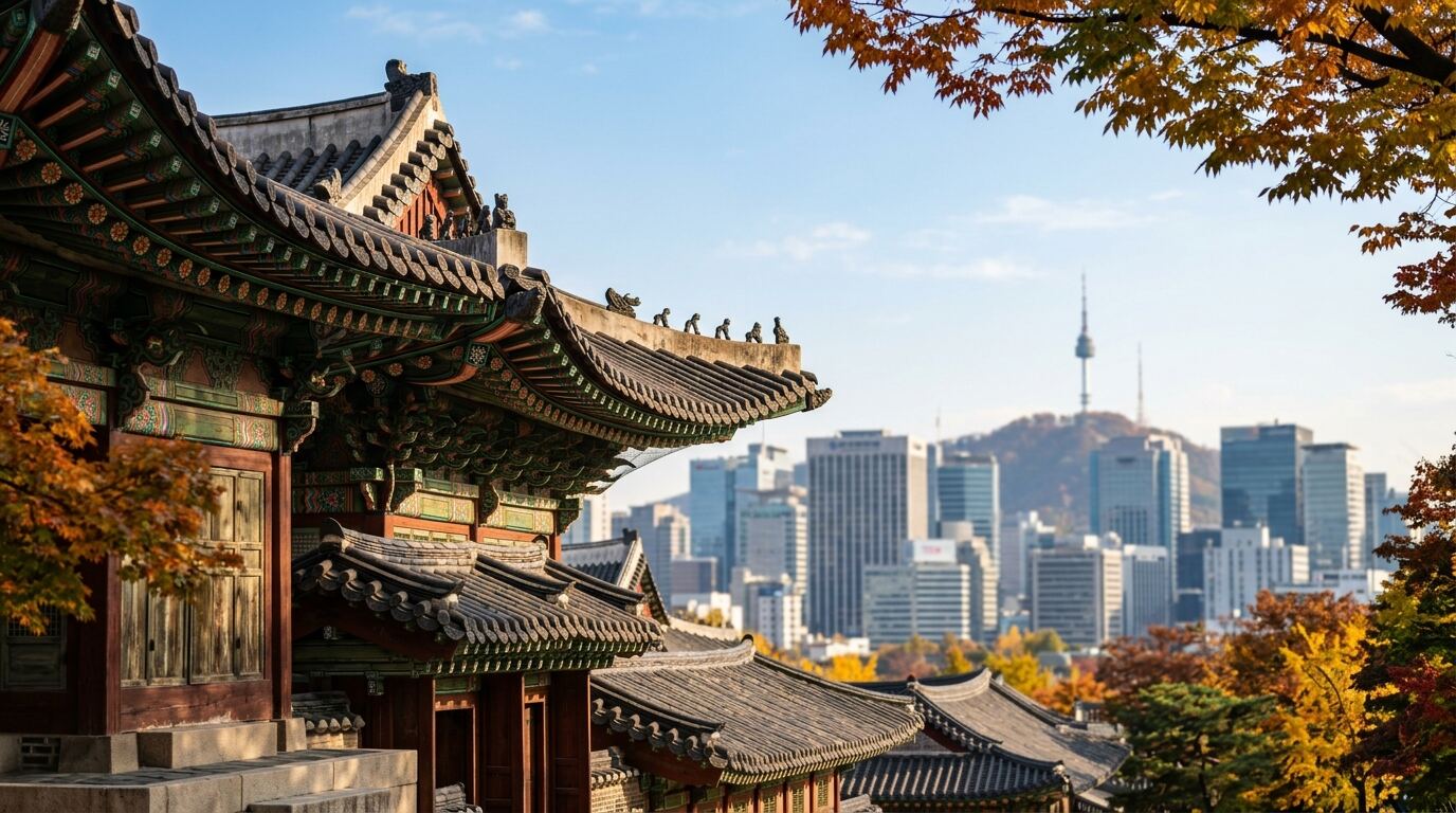 韩国传统宫殿层叠屋檐与远处首尔现代天际线
